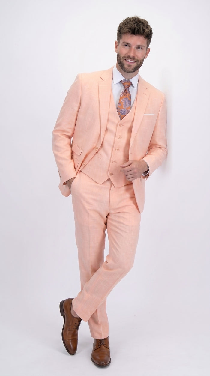 Statement Men's Peach 3 Piece Suit – Light Orange Blush Modern Fit Wedding & Summer Suit with Ticket Pocket