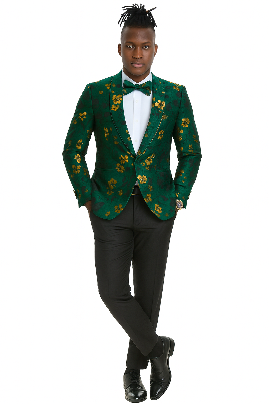 Men's slim fit hunter green and gold paisley prom and wedding tuxedo jacket
