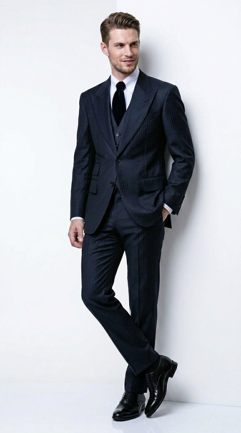 Men’s Navy Herringbone Textured 3 Piece Suit Set, Classic Formal Blazer, Waistcoat and Trouser Outfit