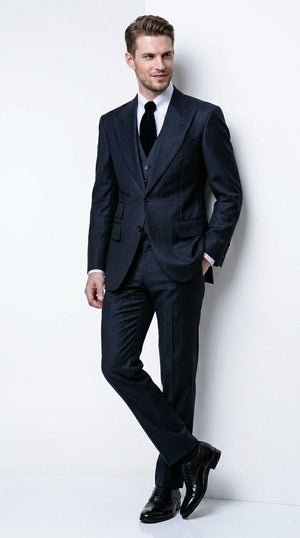 Men’s Navy Herringbone Textured 3 Piece Suit Set, Classic Formal Blazer, Waistcoat and Trouser Outfit