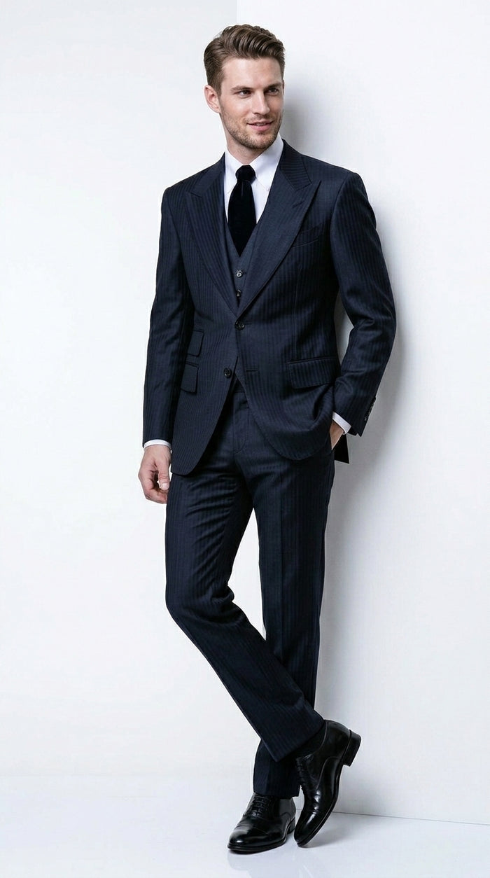 Men’s Navy Herringbone Textured 3 Piece Suit Set, Classic Formal Blazer, Waistcoat and Trouser Outfit