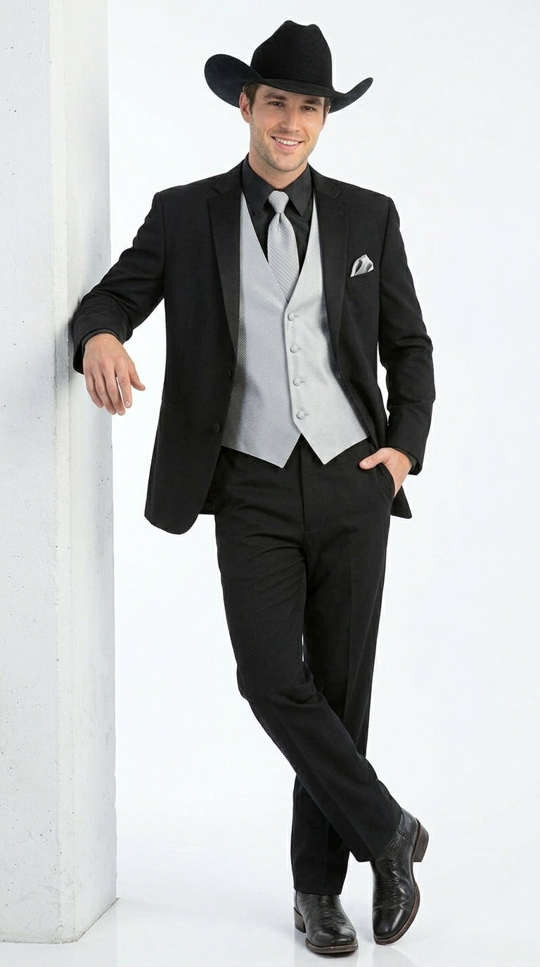 Men’s Black 2 Button Trim Cowboy Suit with Silver Waistcoat, Country Wedding Formal Suit Set