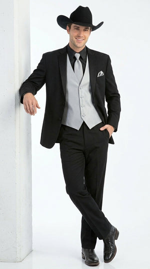 Men’s Black 2 Button Trim Cowboy Suit with Silver Waistcoat, Country Wedding Formal Suit Set