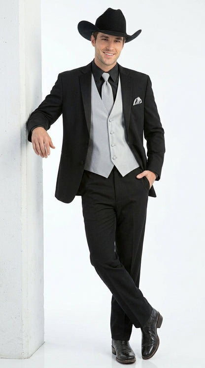Men’s Black 2 Button Trim Cowboy Suit with Silver Waistcoat, Country Wedding Formal Suit Set
