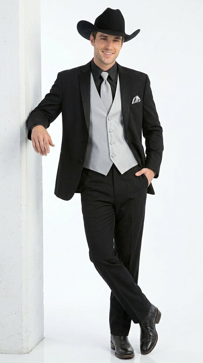 Men’s Black 2 Button Trim Cowboy Suit with Silver Waistcoat, Country Wedding Formal Suit Set