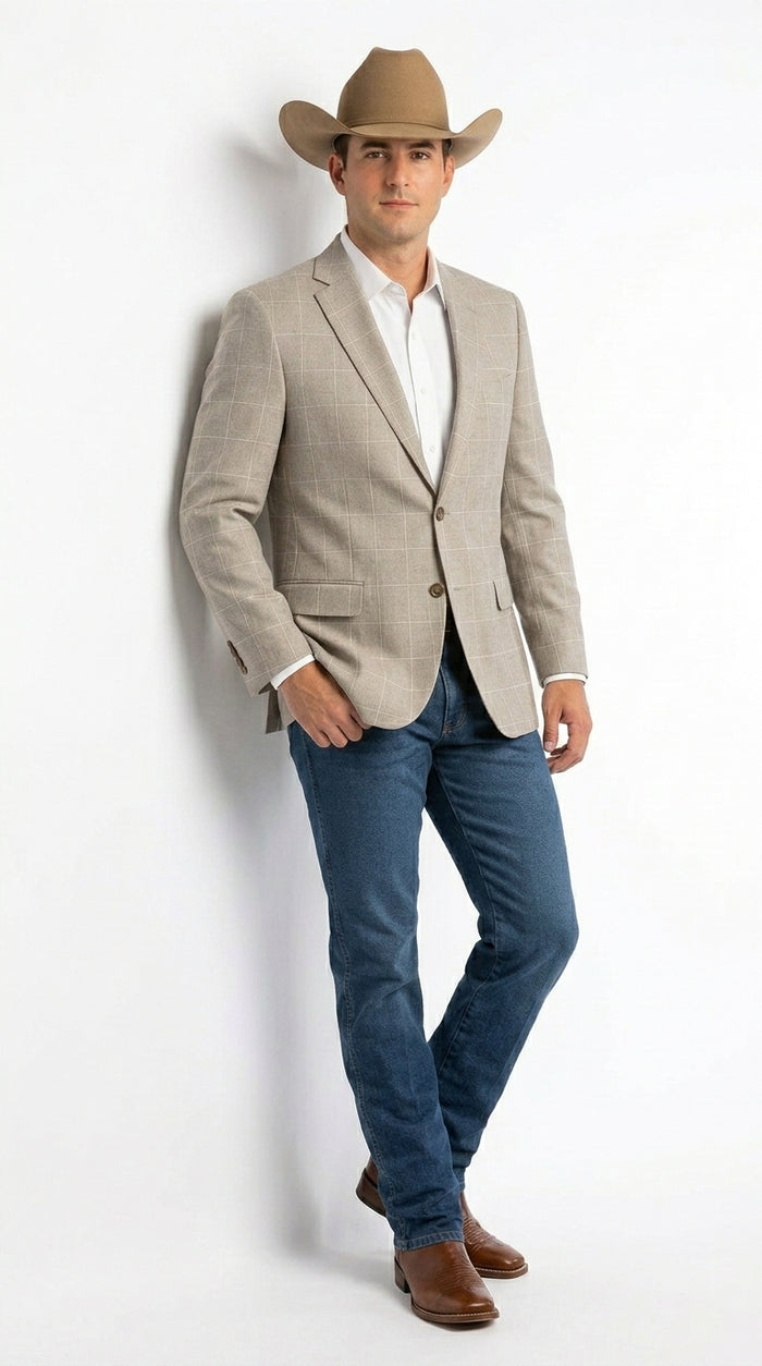 Men’s Light Tan Windowpane Plaid Western Blazer, Cowboy Sport Coat for Business Casual and Summer Events