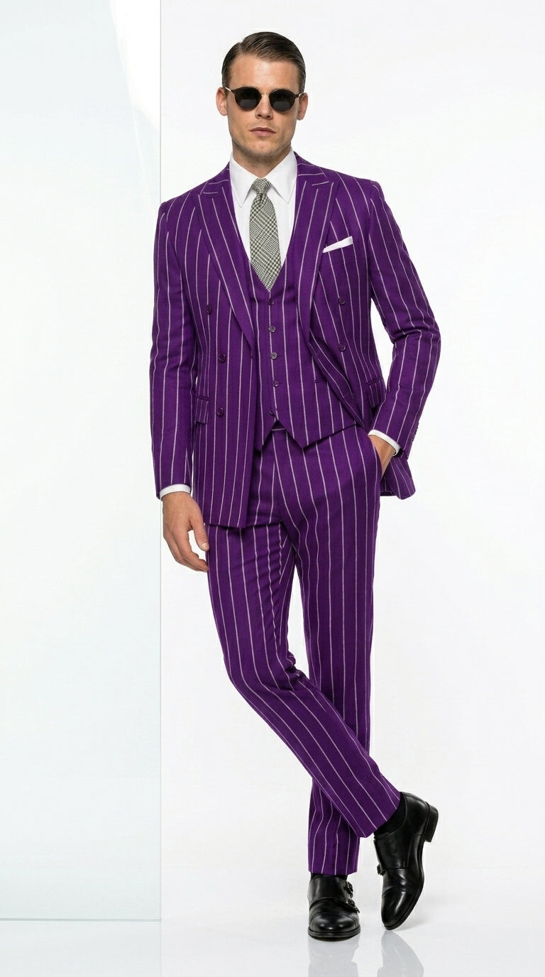 Men’s Purple Pinstripe 1920s Gangster Suit, Vintage Formal 3 Piece Wedding Prom Suit Set