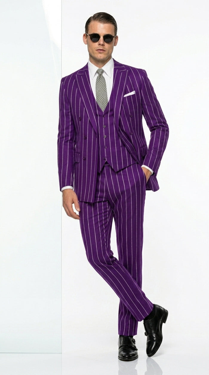Men’s Purple Pinstripe 1920s Gangster Suit, Vintage Formal 3 Piece Wedding Prom Suit Set