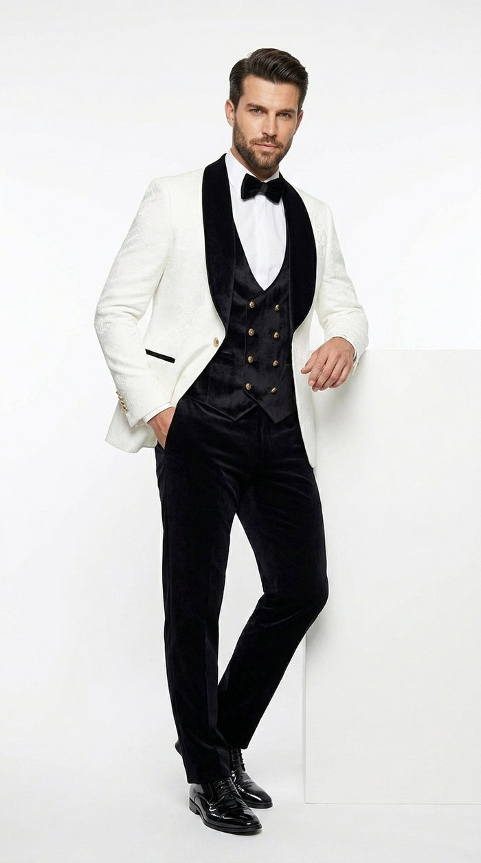Men’s White Paisley 4 Piece Groom Wedding Suit with Black Velvet Shawl Collar and Matching Bowtie