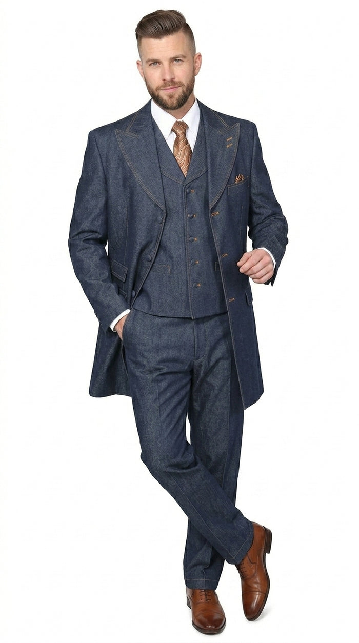 Men’s Blue Denim Zoot Suit, Long Vested Vintage Jeans Style Formal Suit Set
