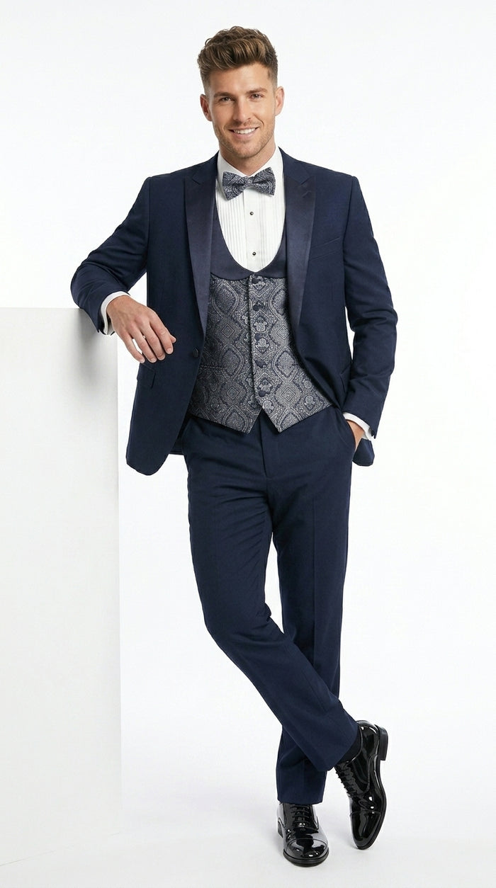 Men’s Indigo Blue One Button Shawl Tuxedo with Paisley Vest, Formal Wedding Prom Dinner Suit Set