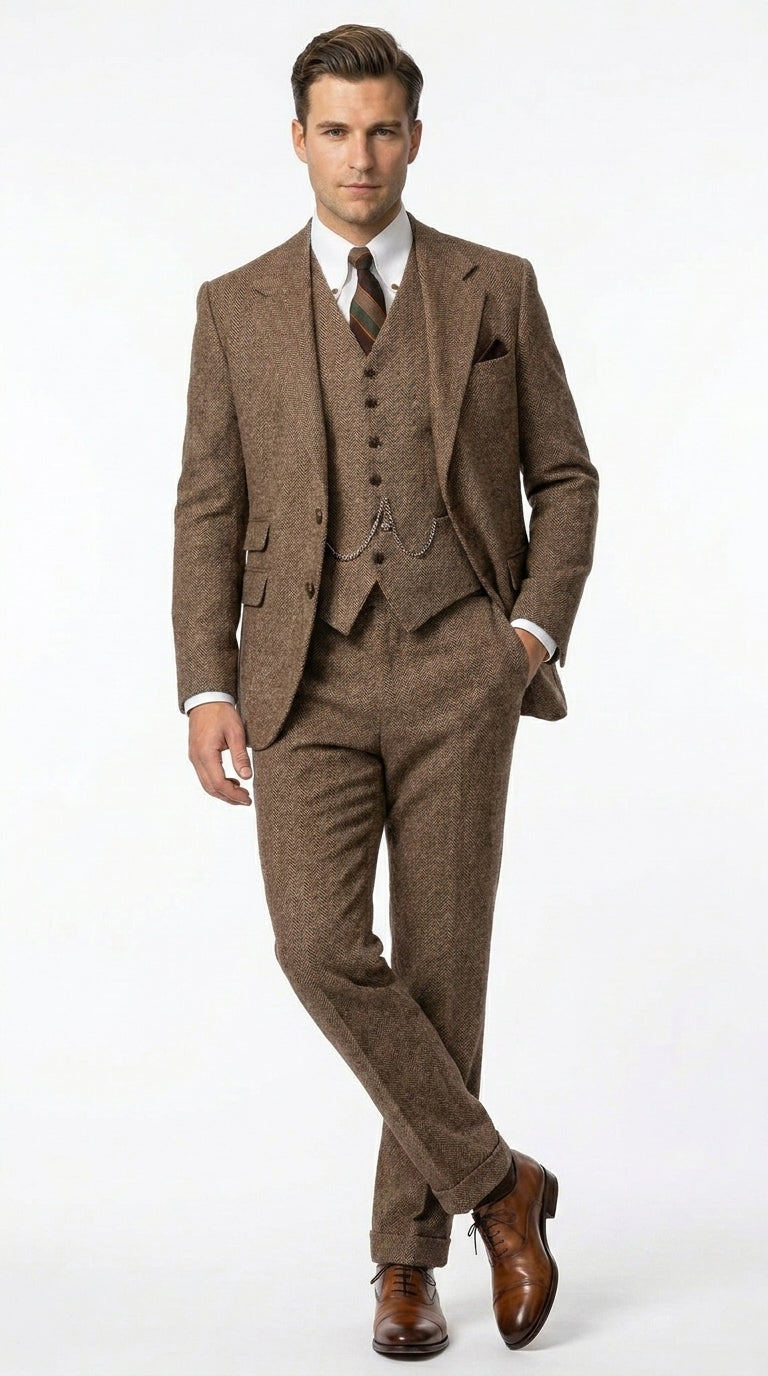 Men’s Light Brown Tweed Herringbone 3 Piece Great Gatsby Suit, Vested Vintage Wedding Formal Suit Set