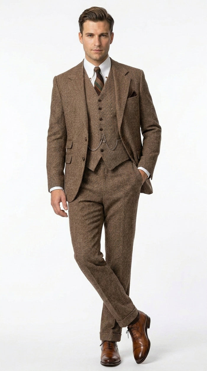 Men’s Light Brown Tweed Herringbone 3 Piece Great Gatsby Suit, Vested Vintage Wedding Formal Suit Set