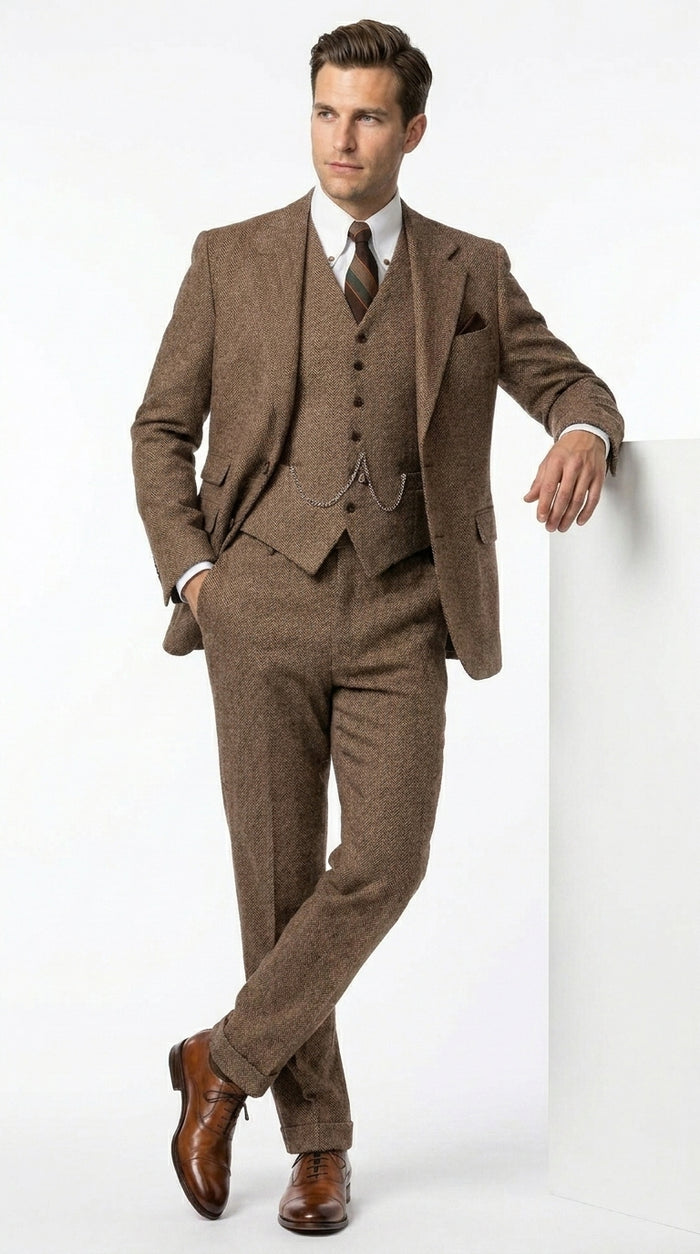 Men’s Light Brown Tweed Herringbone 3 Piece Great Gatsby Suit, Vested Vintage Wedding Formal Suit Set