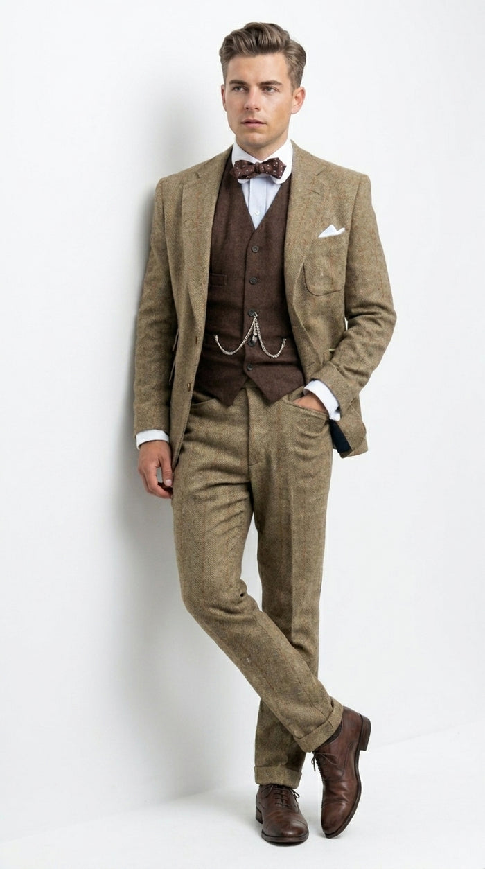 Men’s Taupe Great Gatsby Style 3 Piece Vested Suit, Vintage Wedding Prom Formal Suit Set