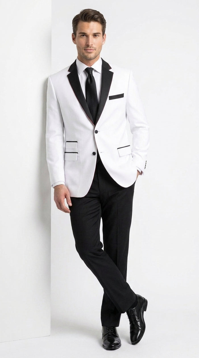 Boys White and Black Two Tone Tuxedo Suit, 2 Button Wedding Party Dinner Jacket with Black Pants