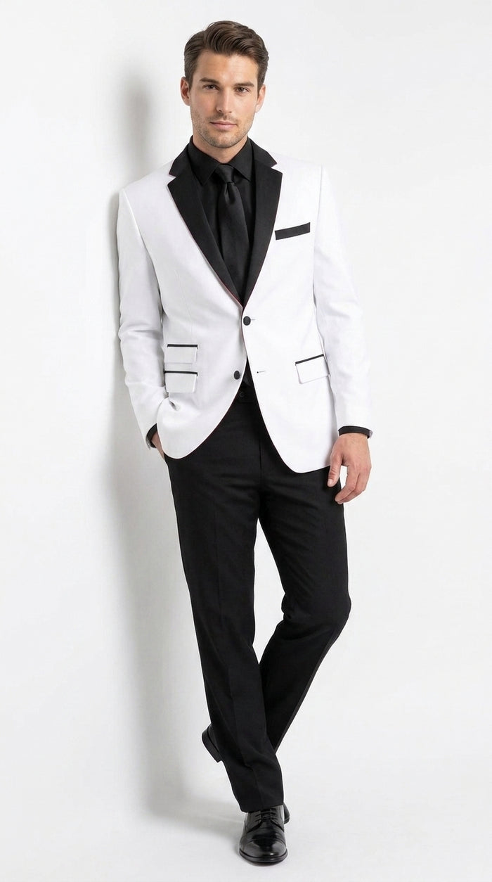 Boys White and Black Two Tone Tuxedo Suit, 2 Button Wedding Party Dinner Jacket with Black Pants