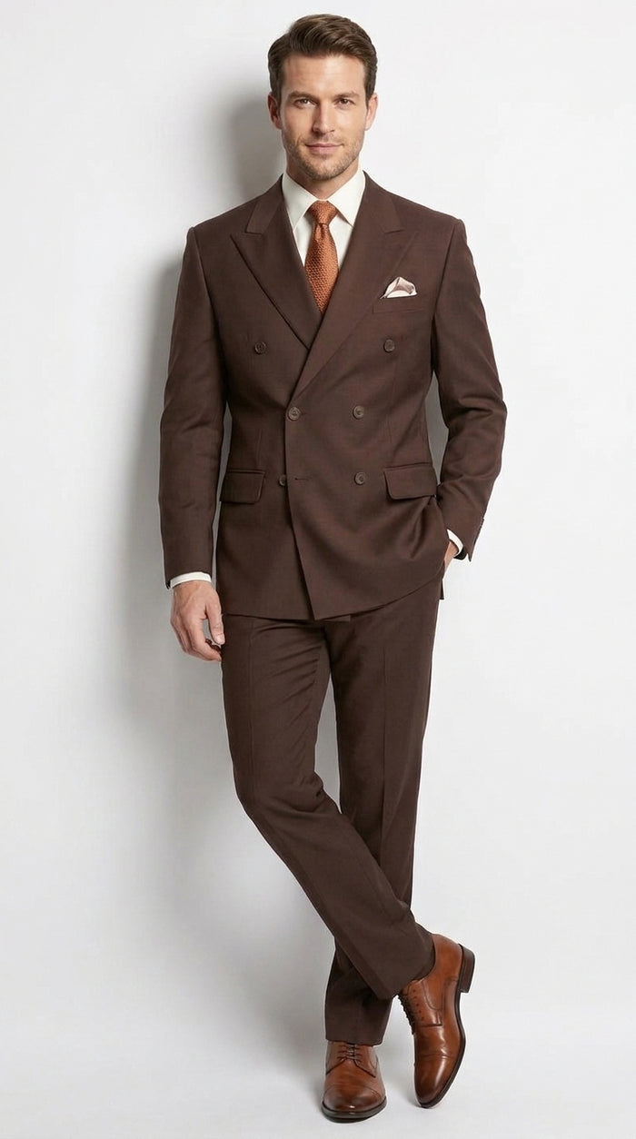 Men's Brown Double-Breasted Poplin Suit – Classic 6 Button Business, Wedding & Formal Suit for Men