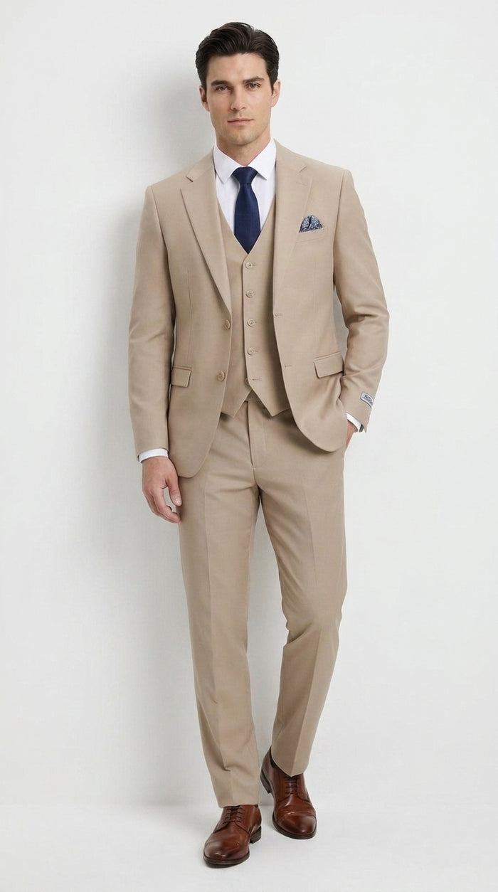 Stacy Adams Men’s Tan 3-Piece Suit – Two-Button Jacket, Matching Vest and Dress Pants