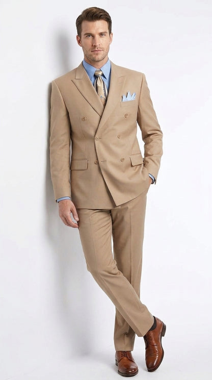 Men’s Tan Double-Breasted Suit – Classic Peak Lapel Business, Wedding and Formal Suit