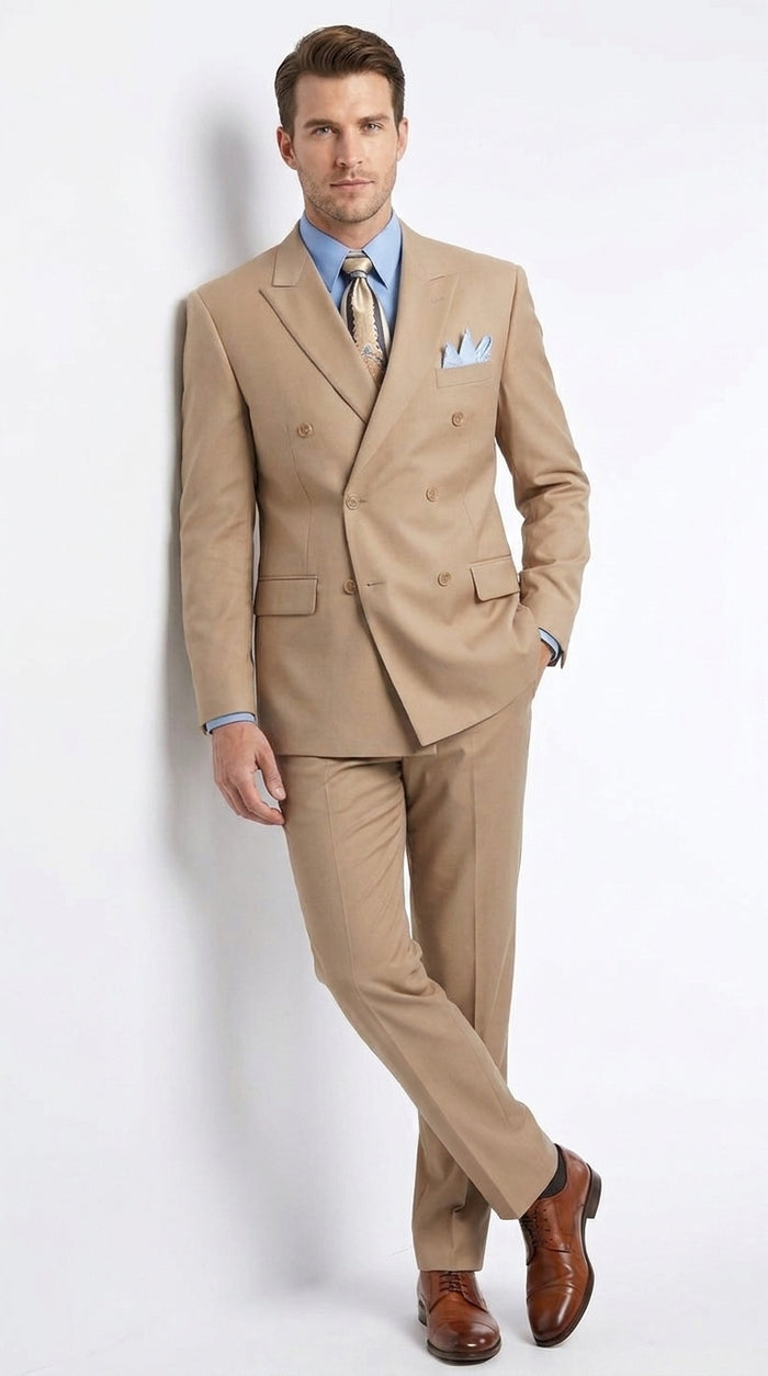 Men’s Tan Double-Breasted Suit – Classic Peak Lapel Business, Wedding and Formal Suit