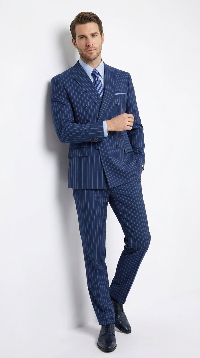 Men’s Royal Blue Pinstripe Double-Breasted Suit – 1920s Gangster Wedding, Prom and Business Suit