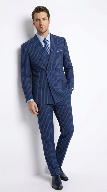 Men’s Royal Blue Pinstripe Double-Breasted Suit – 1920s Gangster Wedding, Prom and Business Suit
