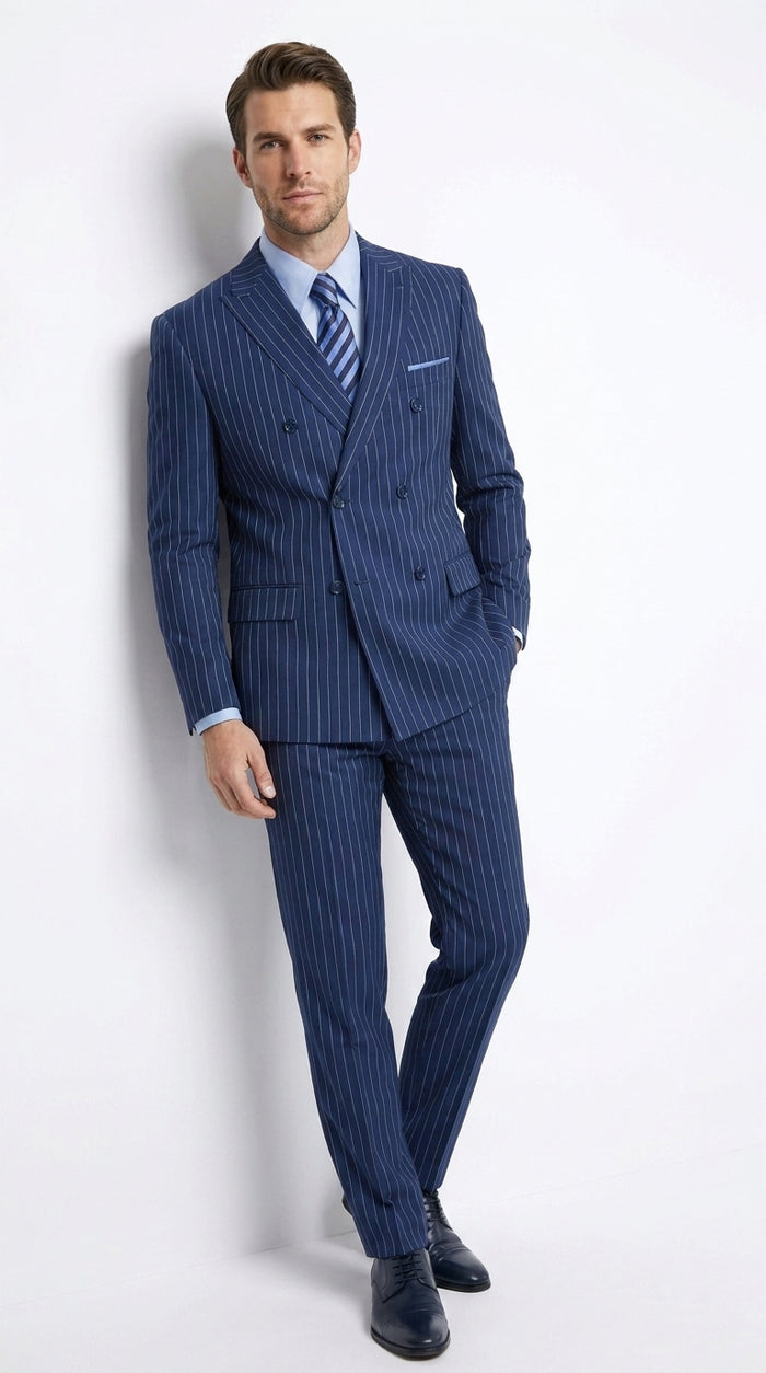 Men’s Royal Blue Pinstripe Double-Breasted Suit – 1920s Gangster Wedding, Prom and Business Suit