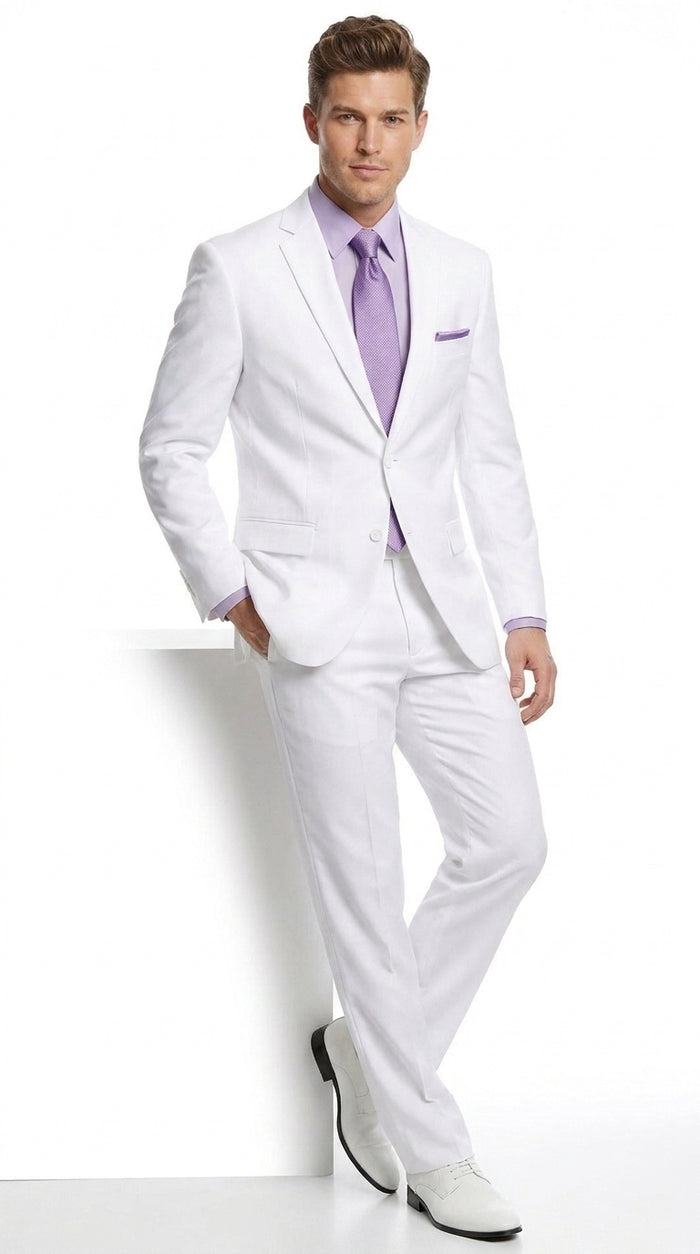 Men’s White Two-Button Poplin Suit – Modern Wedding, Prom and Formal Suit