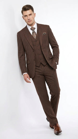1920s Brown Pinstripe Suit for Men – 3 Piece Vintage Gangster Costume with Vest | Wide Pinstripe Classic Fit