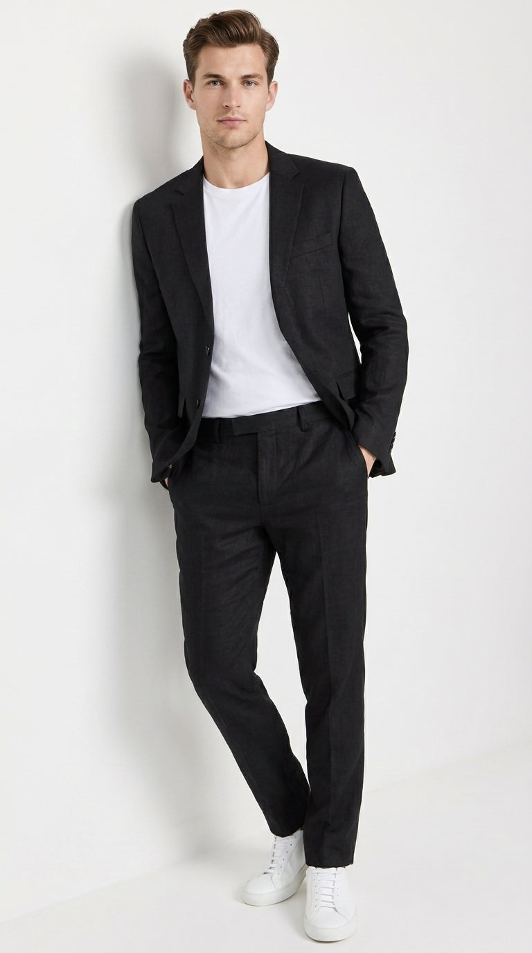 Men’s Black 2-Piece Linen Suit – Lightweight Wedding, Beach and Summer Formal Suit