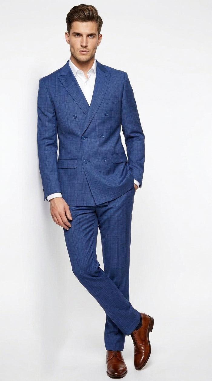 Men’s Royal Blue Plaid Double-Breasted Suit – 1920s Gangster Windowpane Wedding and Formal Suit