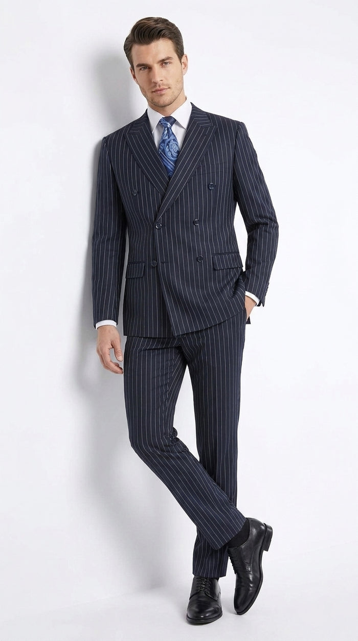 Men’s Navy Pinstripe Double-Breasted Suit – 1920s Gangster Wedding, Gatsby and Formal Suit