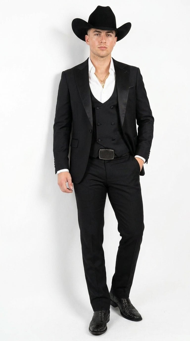 Men’s Black Western Tuxedo Suit – Satin Shawl Lapel Jacket with Double-Breasted Vest and Pants