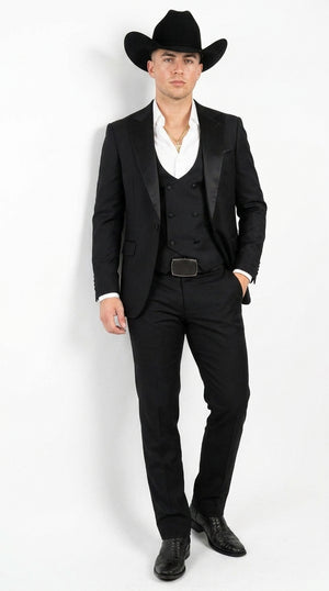 Men’s Black Western Tuxedo Suit – Satin Shawl Lapel Jacket with Double-Breasted Vest and Pants