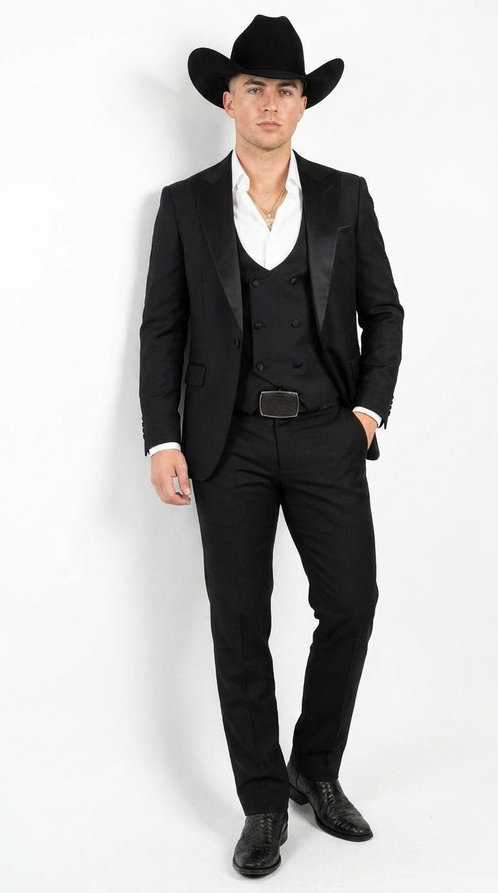 Men’s Black Western Tuxedo Suit – Satin Shawl Lapel Jacket with Double-Breasted Vest and Pants