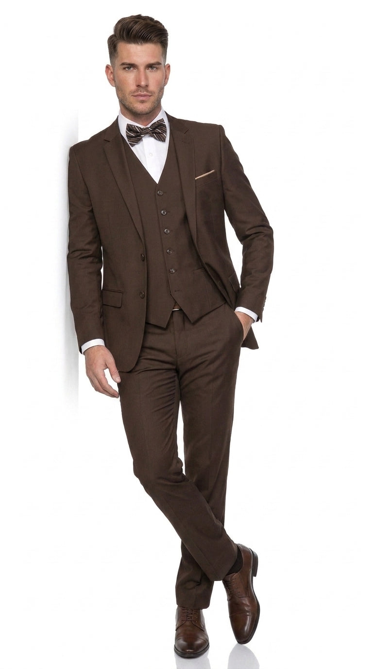 Men’s Brown 3-Piece Suit – Two-Button Wedding, Business and Formal Suit with Matching Vest