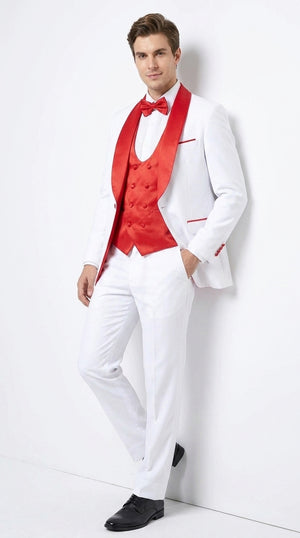Men’s White and Red 3-Piece Tuxedo – One-Button Shawl Lapel Wedding, Prom and Formal Suit with Vest