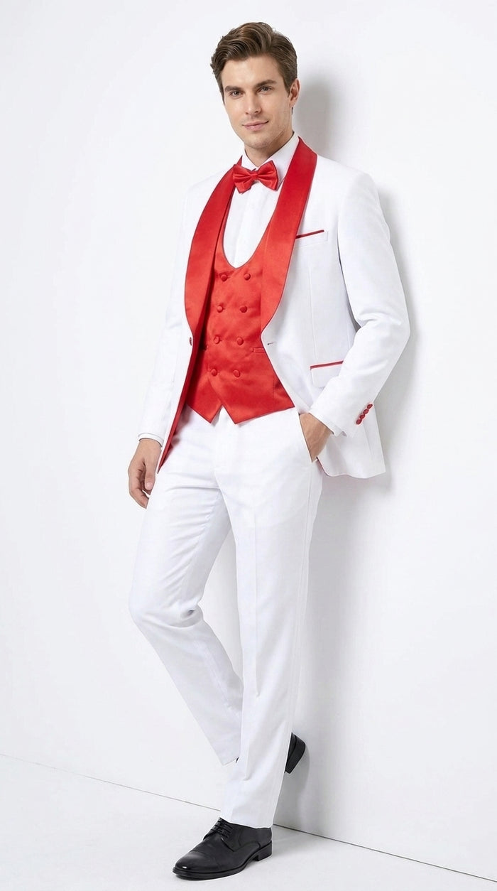 Men’s White and Red 3-Piece Tuxedo – One-Button Shawl Lapel Wedding, Prom and Formal Suit with Vest