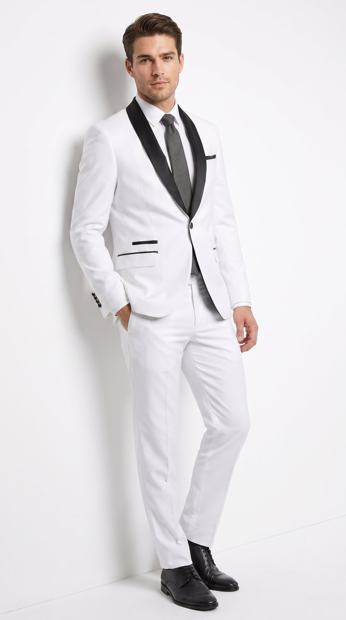 Men’s White 1-Button Shawl Lapel Tuxedo Jacket – Black Trim Wedding, Prom and Formal Dinner Blazer