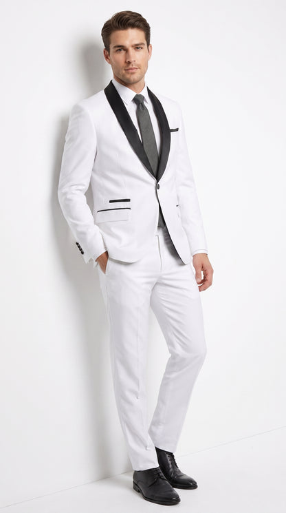 Men’s White 1-Button Shawl Lapel Tuxedo Jacket – Black Trim Wedding, Prom and Formal Dinner Blazer
