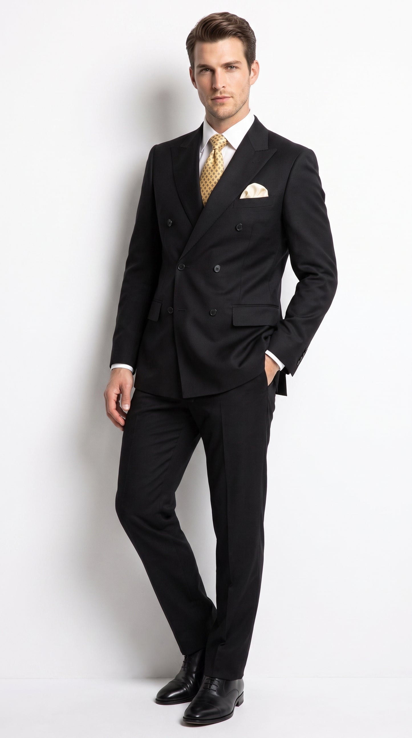 Men’s Black 100% Wool Double-Breasted Suit – Classic Business, Wedding and Formal Suit