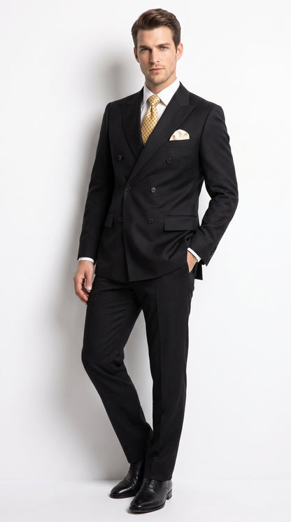 Men’s Black 100% Wool Double-Breasted Suit – Classic Business, Wedding and Formal Suit