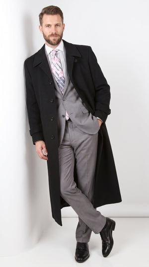 Men’s Black 100% Wool Gabardine Full-Length Overcoat – Wide Lapel Formal Top Coat