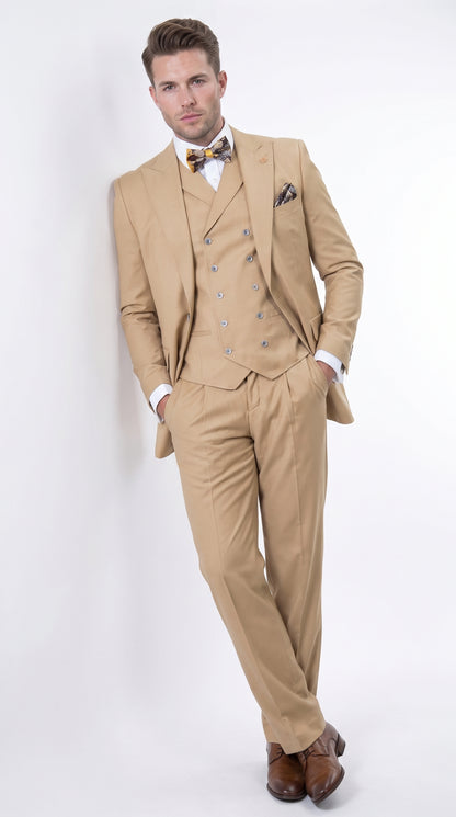 Men’s Camel 100% Wool 3-Piece Suit – One-Button Notch Lapel Suit with Double-Breasted Vest and Wide-Leg Pants