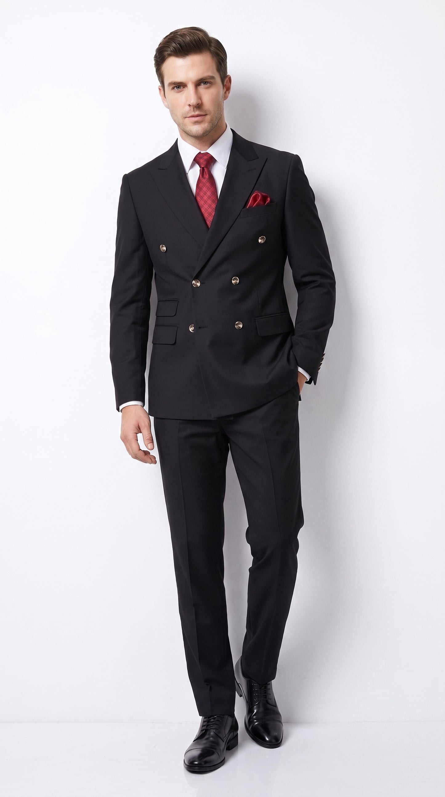 Men’s Black Classic Wool Double-Breasted Suit – Peak Lapel Wedding, Business and Formal Suit
