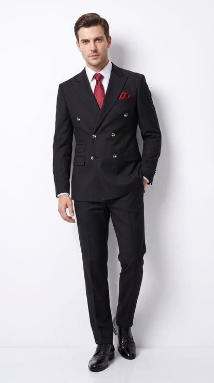 Men’s Black Classic Wool Double-Breasted Suit – Peak Lapel Wedding, Business and Formal Suit
