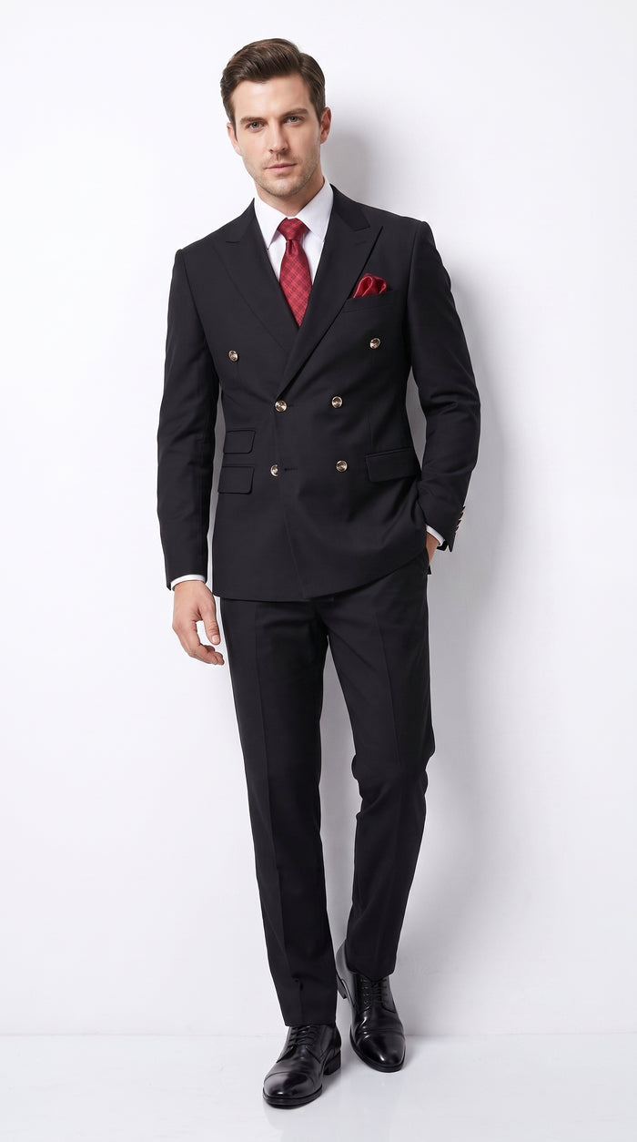 Men’s Black Classic Wool Double-Breasted Suit – Peak Lapel Wedding, Business and Formal Suit