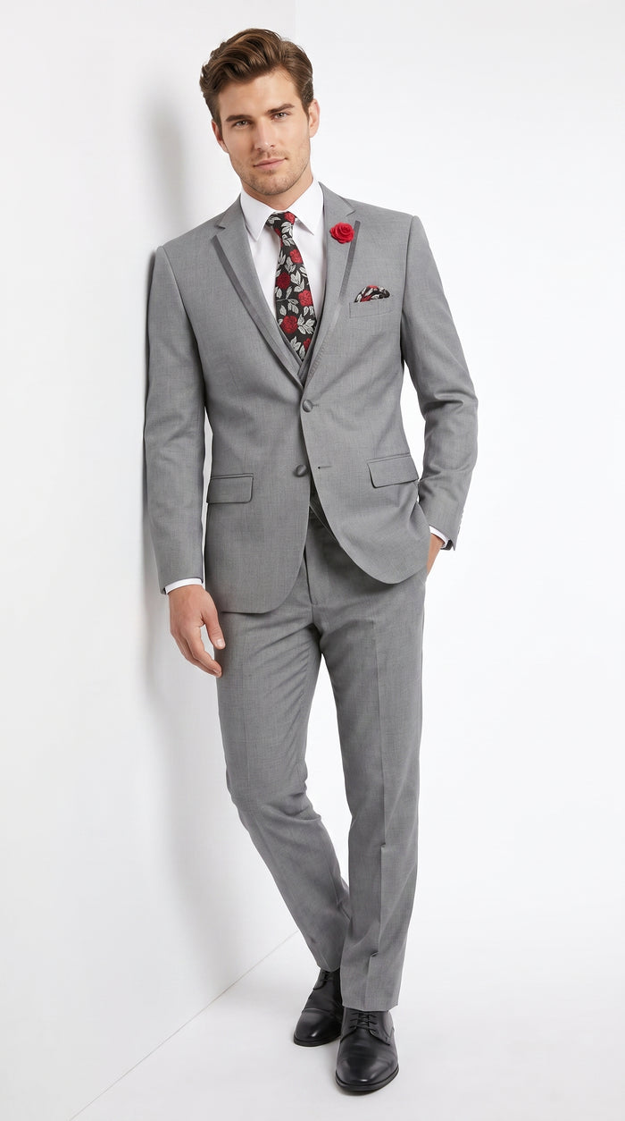 Men’s Grey Trim Tuxedo Suit – Vested Wedding, Prom and Formal Suit with Black Lapel Accents