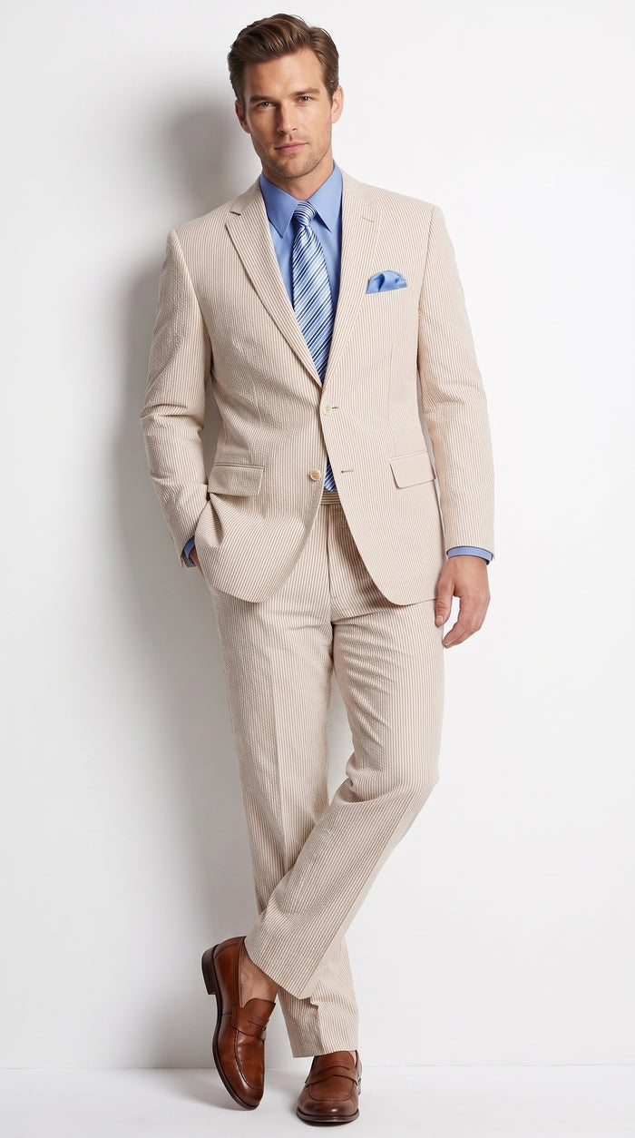 Men’s Tan Pinstripe Seersucker 2-Piece Suit – Lightweight Summer Wedding and Business Suit